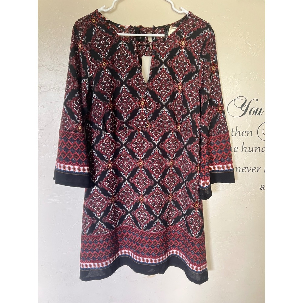 Luna Chix Medallion Paisley Boho Bell Sleeve Keyhole Shift Dress Medallion gypsy